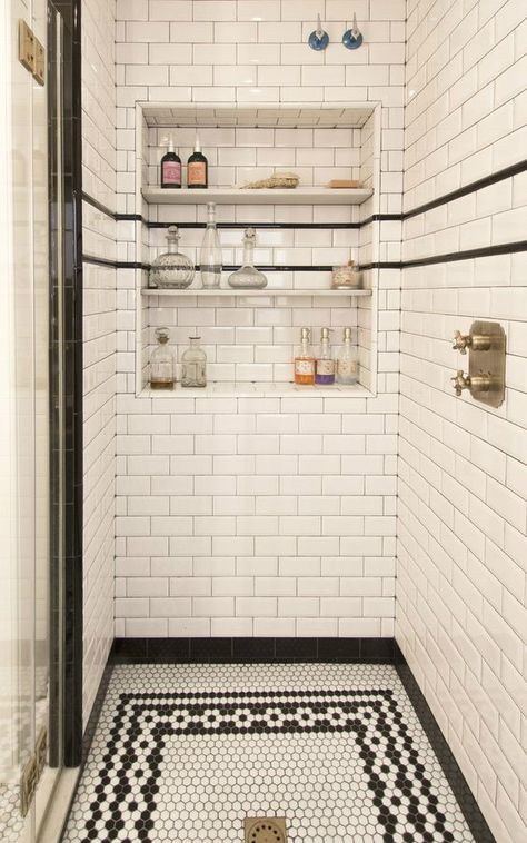 Love the black and white subway tiles, hexagonal tiles and custom recessed niche in this shower Art Deco Bathroom, Deco Bathroom, Bad Inspiration, Classic Bathroom, Bohol, Tile Flooring, Estilo Art Deco, Dream Bathroom, Bath Remodel