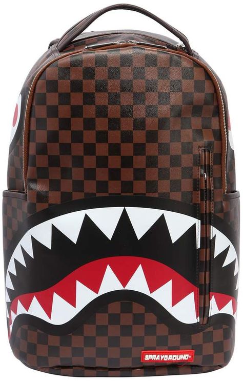 Shark In Paris Faux Leather Backpack Shark Backpack, Spray Ground, Faux Leather Backpack, Carry On Luggage, Water Resistant Fabric, Designer Backpacks, Gold Zipper, Sharks, Louis Vuitton Damier