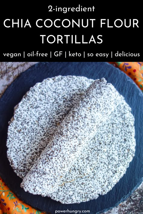 2-ingredient chia coconut flour tortillas! Soft & flexible, they are vegan, keto, oil-free, gluten-free, grain-free, & easy to make. #tortilla #bread #2ingredients #flatbread #lowcarb #keto #paleo #coconutflour #chiaseeds #cleaneating #cleaneats #eggfree #noeggs #dairyfree #oilfree #chiatortilla #wfpbbread #wfpbtortilla #grainfree #glutenfree #lowcarbbread #lowcarbtortilla #ketotortilla #ketogenic #nopsyllium #plantbased #veganrecipe Tapioca Flour Tortillas, Coconut Flour Tortillas, Resep Vegan, Tortilla Bread, Chia Recipe, Keto Easy, Vegan Keto Recipes, Keto Tortillas, Coconut Flour Recipes