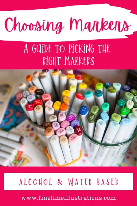 Not sure what kind of art markers you should buy for yourself or as a gift for another artist? This guide walks you through the differences between alcohol markers and water based markers, what can affect the price of markers and the pros and cons of each type! Water Based Markers, Illustration Tips, Watercolor Markers, Alcohol Ink Markers, Artist's Loft, Artist Markers, Best Alcohol, Art Markers, Spray Paints