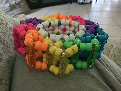 How To Make A Cuff Bracelet Kandi, Kandi Inspo Cuff, Kandi Carousel Cuff, Sanrio Kandi Cuff, Rave Kandi Ideas, Scene Kandi Cuff, Scene Kandi, Kandi Cuff Patterns, Beading For Kids