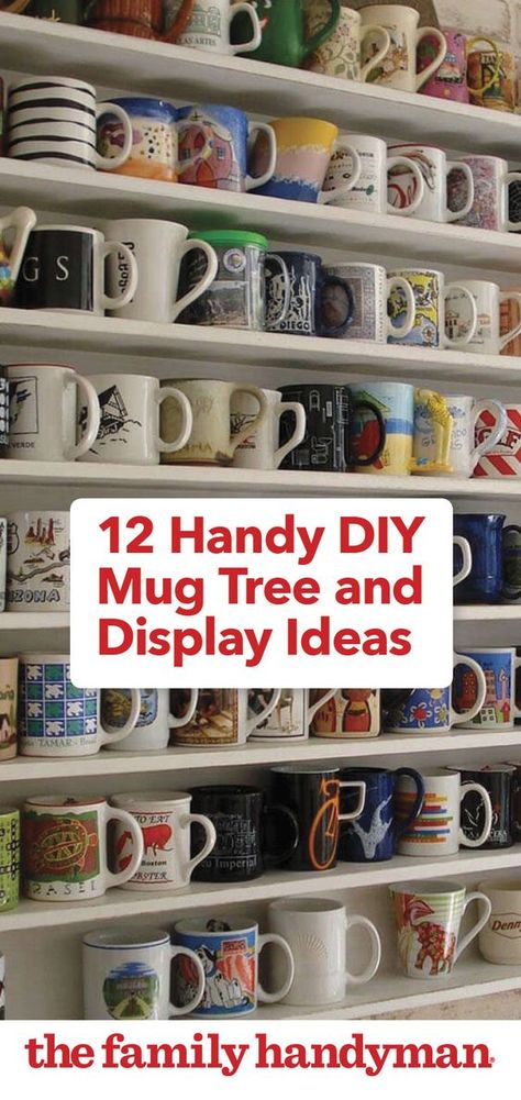 12 Handy DIY Mug Tree and Display Ideas Tea Cups Storage Ideas, Wall Cup Holder Mug Rack, How To Organize Mugs, Cup Shelves Ideas, Coffee Station Mug Display, Coffee Bar Mug Rack, Diy Coffee Mug Wall Rack, Coffee Cups Storage Ideas, Mug Collection Storage