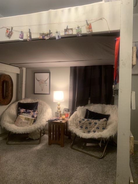 Loft Bed Hangout, Loft Bed Hangout Space, Loft Bed With Sitting Area Underneath, Loft Bed Hideout, Loft Bed Platform, Loft Bed Lounge Area, Cozy Space Under Loft Bed, Loft Bed Privacy Ideas, Seating Under Loft Bed