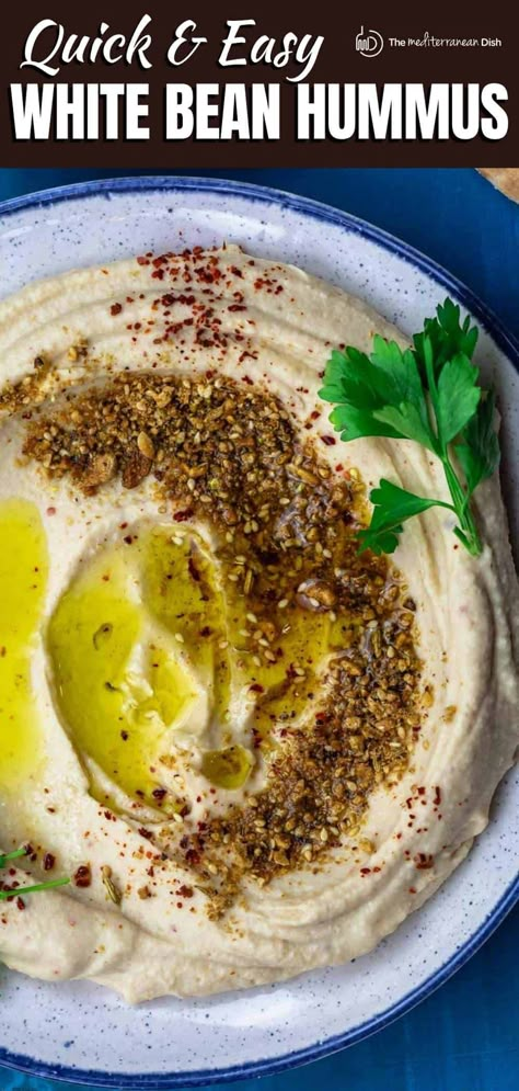 Ultra creamy, lemony, and just enough garlicy white bean hummus!  A couple of tips make all the difference! You can serve it plain with a drizzle of good extra virgin olive oil, or dress it up with some nutty dukkah. The perfect bean dip! White Bean Hummus Recipe, Dukkah Recipe, Best Mediterranean Recipes, Mediterranean Appetizers, White Bean Hummus, Bean Hummus, White Bean Dip, Mediterranean Spices, The Mediterranean Dish