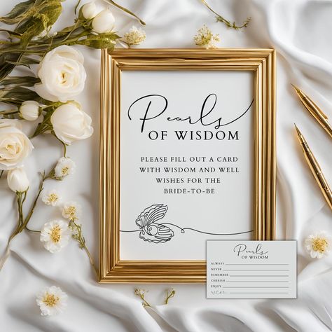 Pearls of Wisdom Bridal Shower Game | Printable Advice Cards | Wedding Shower Activity | Digital Download | Editable Bridal Game Template Pearls And Lace Bridal Shower Ideas, Pearl Themed Bridal Shower Decor, White And Gold Bridal Shower Ideas, Pearl Bridal Shower Theme, Advice Cards Wedding, Wedding Shower Activities, Pearl Bridal Shower, Wedding Shower Cards, Wedding Advice Cards