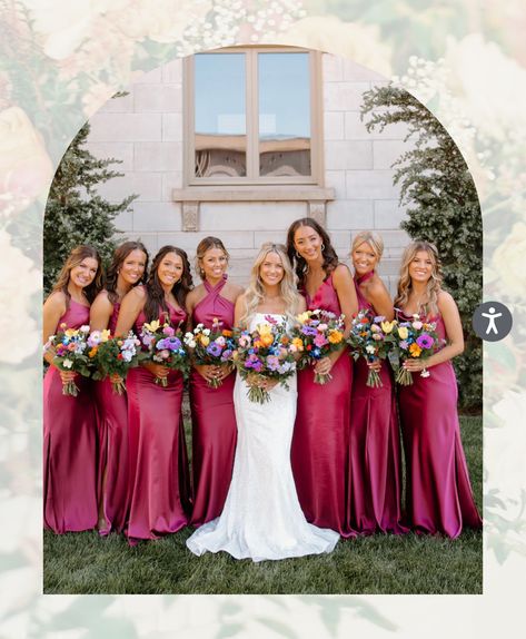 Summer Wedding Bright Colors, Wedding Colors Fuschia, Sage Orange Fuchsia Wedding, Bridesmaids Color Palette Summer, Berry Pink Bridesmaid Dresses, Fushia Wedding Color Schemes, Dark Pink Bridesmaid Dresses, Raspberry Wedding Color, Dark Pink Wedding