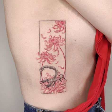 Other Interesting Designs 1 Flower Inspired Tattoos, Red Dandelion Tattoo, Red Ink Scorpion Tattoo, Fashion Inspired Tattoos, Red Asian Tattoo, Healed Red Ink Tattoo, Healed Red Tattoo, Scorpion And Flower Tattoo, Asian With Tattoos