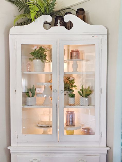 Styling a Corner Cabinet for Summer: A Fresh Vingette Vintage Corner China Cabinet, How To Style A Corner Cabinet, Living Room Corner Cabinet Ideas, Farmhouse Curio Cabinet Makeover, Corner Cabinet Styling Dining Rooms, Refurbished Corner Cabinet, Corner Cabinet Ideas Living Room Decor, Styling A Corner Cabinet, Corner Cabinet Decor Ideas