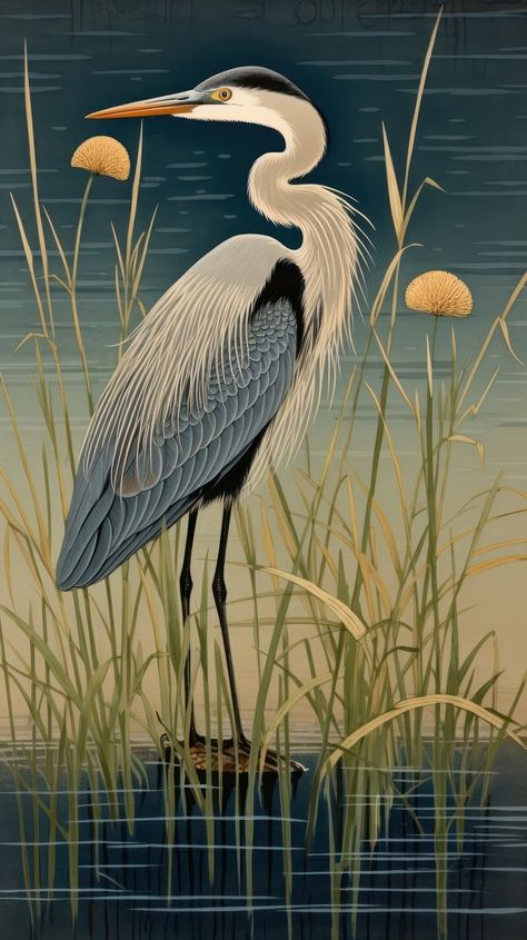 Traditional japanese stunning heron painting | Premium Photo Illustration - rawpixel Heron Japanese Art, Blue Heron Painting Acrylics, Pencil Background, Heron Illustration, Heron Painting, Heron Tattoo, Carl Linnaeus, Heron Bird, Panel Ideas