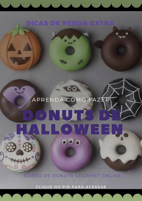 DONUTS Gourmet decorado para o halloween. Ghost Donuts, Cake Mix Donuts, Donut Decorating Ideas, Donuts Gourmet, Donut Flavors, Halloween Donuts, Fun Halloween Treats, Donut Decorations, Mini Doughnuts