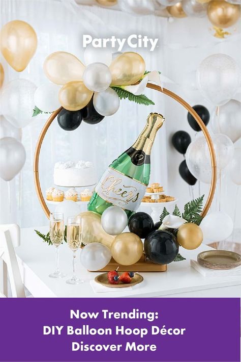 Elevate your next celebration with DIY balloon hoop decor. Discover more DIY balloon ideas at Party City! Circle Backdrop With Balloons, Balloon Circle Arch, Baloon Garland, Balloon Circle, Balloon Hoop, Balloon Ring, Hoop Decor, Champagne Balloons, Pink Flamingo Party