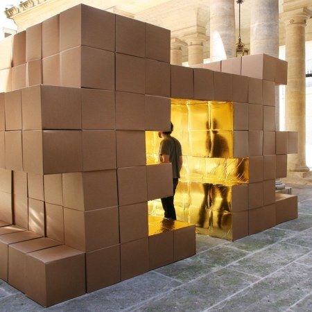 Temporary installation made of cardboard by French architects O-S. Temporary Architecture, Cardboard Design, Pop Up Art, Exhibition Display, Cardboard Art, Exhibition Space, Exhibition Stand, Display Design, Booth Design