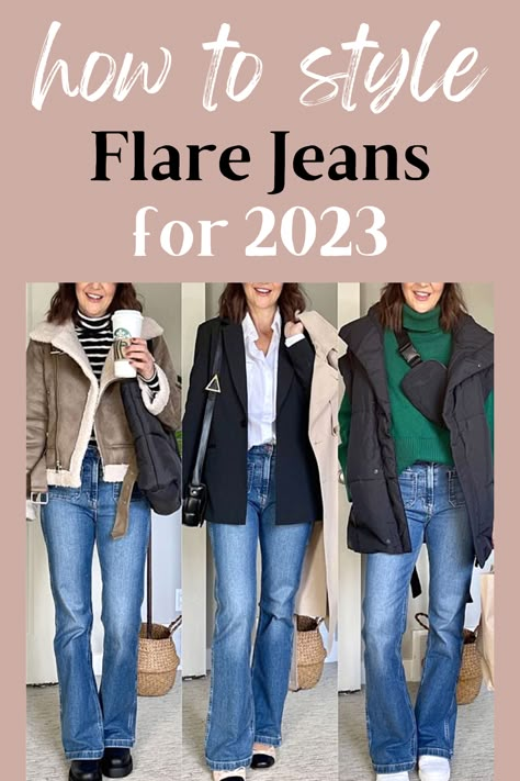 How To Style Flared Jeans Winter, How To Wear Bootcut Jeans 2023, What Jeans Are In Style For 2023, Bootcut Jeans 2023, 2023 Jeans Trends Women Summer, Flare Jeans Style Outfit Ideas, Denim Winter Outfits For Women, Flair Jeans Outfit 2023, Flare Jeans Outfit Autumn