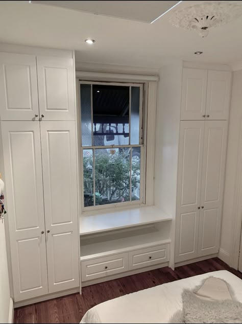 Built In Wardrobe Next To Window, Built In Wardrobe Ideas Around Window, Cupboard Around Window, Bedroom Built In Wardrobe Around Window, Built Ins Around Small Window, Bunnings Wardrobe, Built In Wardrobe Around Window, Window Wardrobe Design, Window Seat Ideas