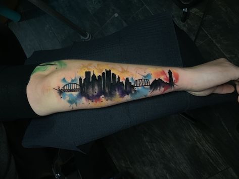 Pittsburgh Skyline Tattoo, Pittsburgh Tattoo Ideas, Pittsburgh Tattoo, Lighthouse Watercolor, Skyline Tattoo, Pittsburgh Skyline, Sunset Tattoos, Maine Lighthouses, Tat Ideas