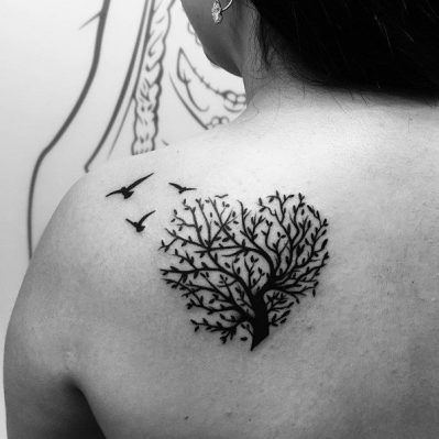 Black Tree Tattoo, Woman Tree Tattoo, Tree With Birds Tattoo, Heart Shaped Tree, Tree Tattoo Back, Tattoo Son, Willow Tree Tattoos, Small Tattoo Placement, Vogel Tattoo