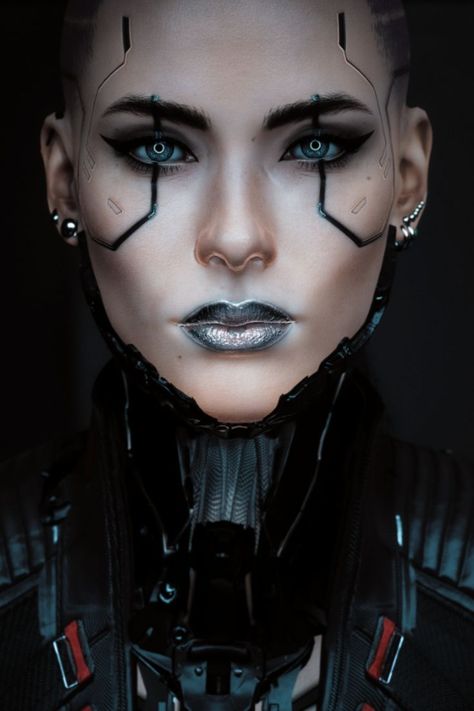 Cyberpunk Face Tattoo, Robot Makeup Look Simple, Cyberpunk Makeup Men, Cyberpunk Eye Makeup, Cyberpunk 2077 Fashion, Robot Makeup Cyborgs, Cyberpunk Hairstyles Women, Cyberpunk Makeup Ideas, Futuristic Makeup Sci Fi