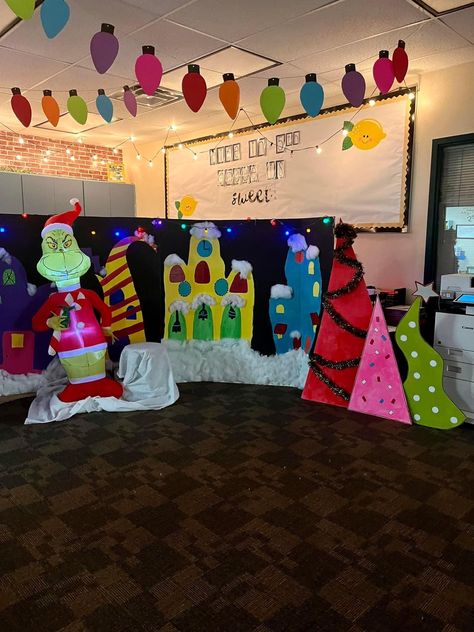 The Grinch School Hall Decorations, Whoville Post Office, Grinch Theme School Hallway, Grinch Themed School Hallway, Grinch Stage Design, Whoville Town Scene, Whoville Decor, Christmas Stage Decorations, Ballroom Decor