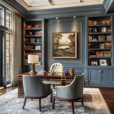 Built In Bookshelves, Home Library Rooms, Office Built Ins, Home Library Design, Home Office Setup, Home Office Space, Home Library, Office Interior Design, Front Room