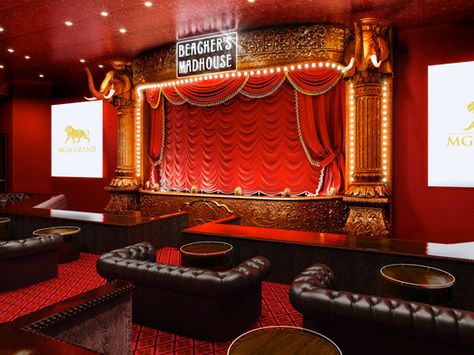 Cabaret Stage Design, Burlesque Stage Background, Cabaret Style Seating, Cabaret Performance, Las Vegas Casino Interior, Theatre Curtains, Jazz Bar, Home Cinema, Theatre Room