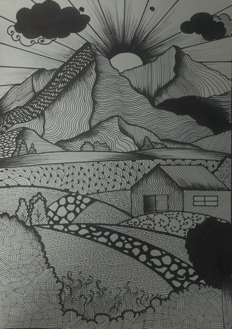 Drawings With Only Straight Lines, Sharpie Landscape Drawings, Different Types Of Lines Drawing, Line Value Drawings, Elements Of Line Drawing, Landscape Pattern Design, Landscape Doodle Art, Types Of Lines Art Drawing, Texture Element Of Art Drawings