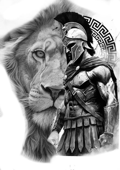 Gladiator Lion Tattoo, Half Lion Half Spartan Tattoo, Lion Spartan Tattoo, Spartan Tattoo Back Piece, Spartan Theme Tattoo, Spartan Warrior Lion Tattoo, Roman Tattoo, Gladiator Tattoo, Cherub Tattoo