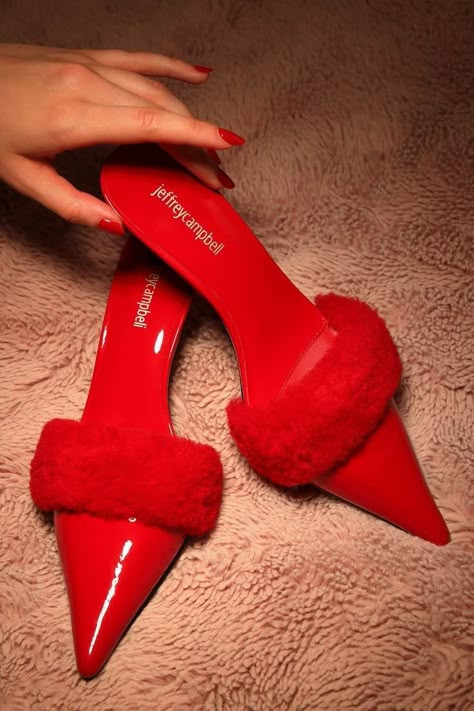 Heels With Charms, Fur Heels Outfit, Pointed Toe Heels Outfit, Red Inspired Outfits, Heels With Fur, Christmas Heels, All Red Outfit, Red Pumps Heels, Pointed Mules