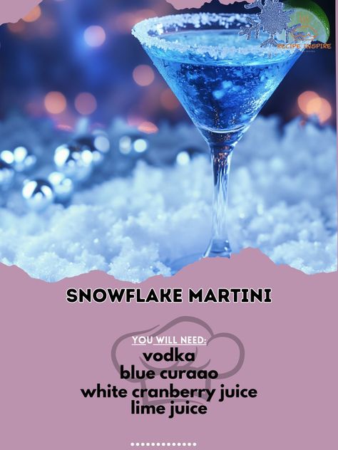 🍸✨ Embrace the winter vibes with a refreshing Snowflake Martini - a dazzling cocktail to brighten your day! ❄️🍸 Snowflake Martini Ingredients: - 2 oz vodka - 1 oz blue curaçao - 1/2 oz white cranberry juice - 1/2 oz lime juice - Ice Instructions: 1. Fill a shaker with ice. 2. Add vodka, blue curaçao, white cranberry juice, and lime juice. 3. Shake well and strain into a chilled martini glass. 4. Garnish with a lime twist or edible silver pearls. 5. Enjoy the magical blend of flavors in every ... Christmas Themed Martinis, Winter Themed Drinks Cocktail Recipes, Jack Frost Martini, Blue Holiday Cocktails, Blue Christmas Cocktails, New Years Alcoholic Drinks, Winter Wonderland Drinks, Holiday Vodka Drinks, Saturn Cocktail