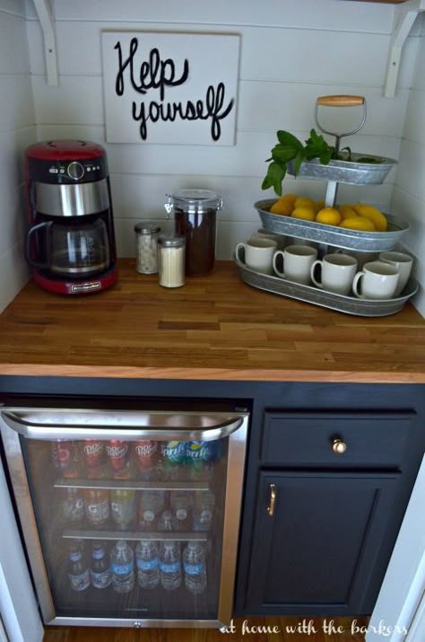 DIY Beverage Bar made with stock cabinets, chalky finish paint and butcher block! This space was a closet under the stairs. #decoartprojects #chalkyfinish #spon @decoart Diy Beverage Bar, Wash Table, Kitchen Ikea, Beverage Bar, Stock Cabinets, Salon Suites, Mini Bars, Salon Interior Design, Air Bnb