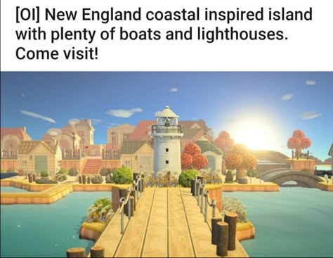 Acnh England Island, Acnh Harbor Town, New England Animal Crossing, Animal Crossing Water Island, Beach Town Animal Crossing, Acnh New England Coastal, Acnh Coastal Ideas, Acnh New England, Coastal Islands Acnh