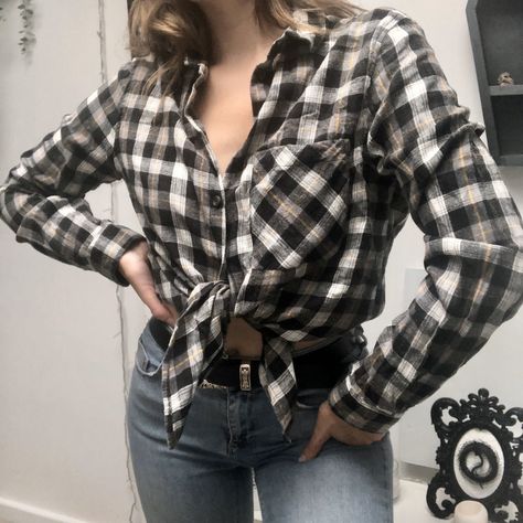 Button Up Shirt Over Dress, Tied Button Up Shirt, Shirt Tied In Knot, Tie Flannel Shirt, Tied Flannel, Tie Flannel, Fitted Plaid Flannel Shirt With Button Closure, Shirt Over Dress, Vintage Plaid Flannel Shirt With Button Closure