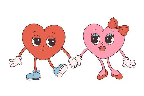 Trendy retro cartoon heart characters. Groovy style, vintage, 70s 60s aesthetics. Happy Valentines day. Heart Month Ideas, Valentines Drawings, Cartoon Hearts, Heart Character, Heart Cartoon, Cartoon Heart, Retro Cartoon, Valentines Wallpaper, Retro Valentines