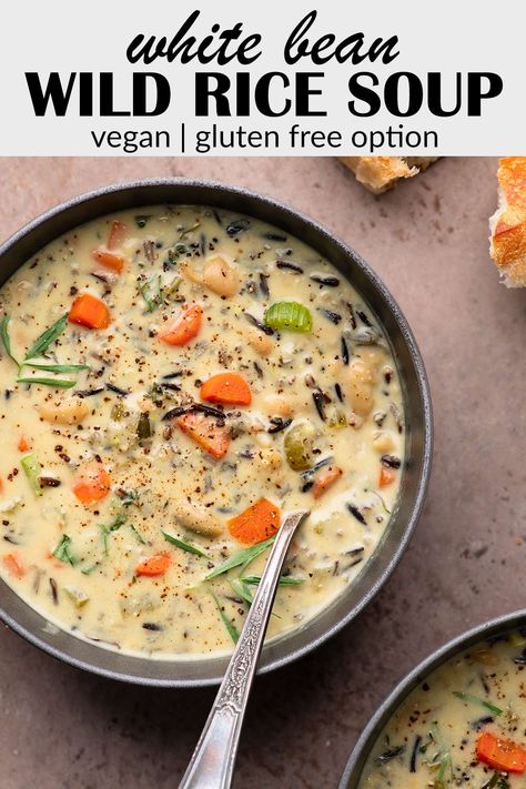 Vegan Gf Lunch, Vegan Wild Rice Soup Recipes, White Bean Wild Rice Soup, Lentil Wild Rice Soup, Healthy Wild Rice Soup Recipes, Wild Rice Veggie Soup, White Bean And Rice Soup, Bean And Rice Soup Recipes, Vegan Creamy Wild Rice Soup