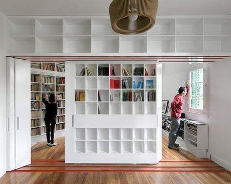 Very cool... Moving Walls, Long Room, Library Shelves, Library Wall, Wall Bookshelves, Dream Spaces, Home Library, Dining Space, Small Apartments