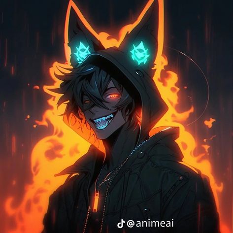 Wolf hoodie Ai, a male with dark brownish-black hair and orange glowing eyes, has a fire background. Wearing a black hoodie with wolf ears and smiling at the viewer with a toothy grin. Orange Glowing Eyes, Toothy Grin, Fire Background, Wolf Hoodie, Wolf Eyes, Wolf Ears, Anime Male, Glowing Eyes, A Fire