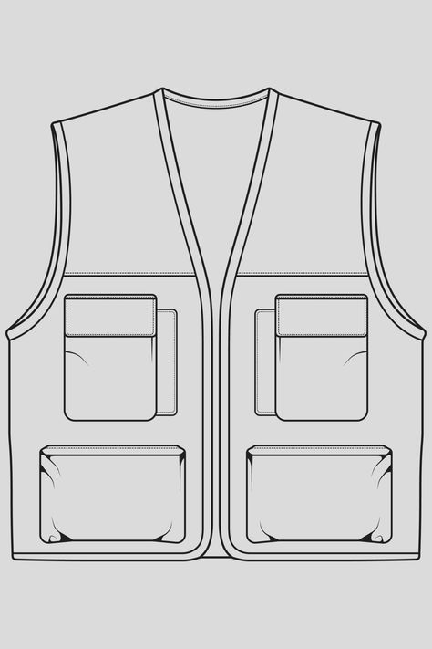 Menswear Technical Drawing, Vest Flat Sketch, Vest Technical Drawing, Vest Sketch, Ramadan Project, Vest Outfits Men, Denim Outfit Men, Vest Bag, Flak Jacket