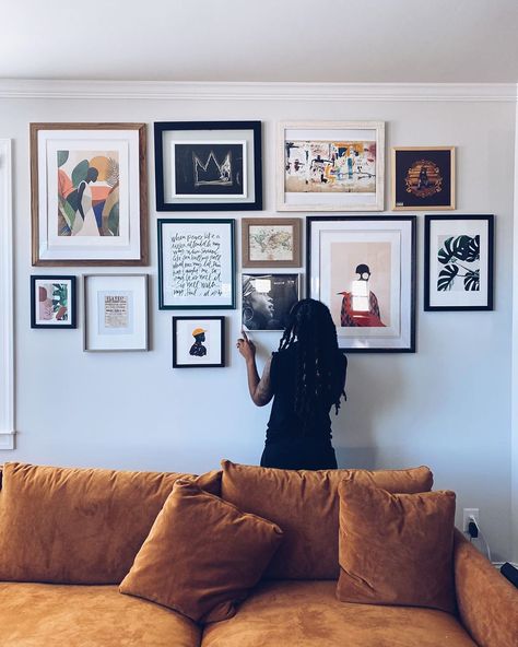 Jackie Hill Perry on Instagram: “Lord knows I have been boreeeeeed so it was fun to finally put up a gallery wall in our living room. I try to be intentional about…” Jackie Hill Perry, Gallery Wall Printables, Kitchen Gallery Wall, Lindsay Letters, Pretty Paintings, Living Single, Apartment Gift, Be Intentional, Gallery Wall Living Room