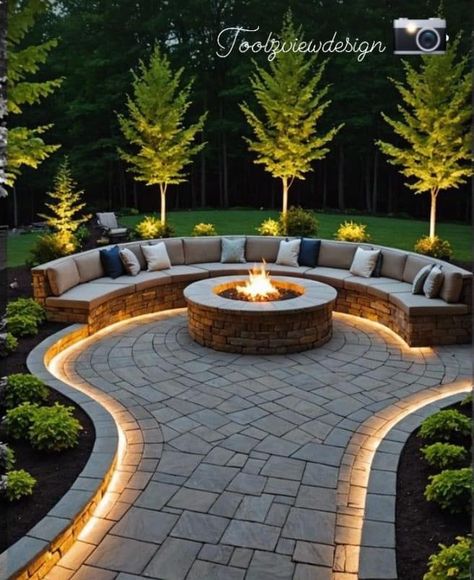 Circle Patio With Fire Pit, Outside Decks And Patios Ideas, Curved Concrete Patio Ideas, Backyard Ground Ideas, Backyard Landscaping Acreage, Raised Decks And Patios Ideas, Diy Garden Makeover, Deck And Fire Pit Ideas, Garden Concrete Ideas