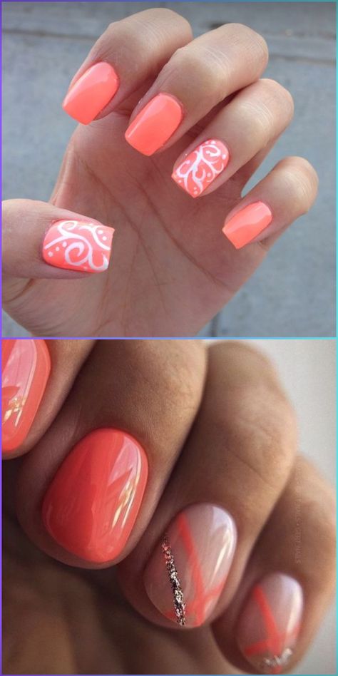 Summer coral nails are all about bright colors and designs in 2024. From neon pink to peach and turquoise, discover ideas that make every nail shape pop. Embrace short acrylic or gel designs, adding a splash of orange and red for the ultimate holiday flair. Yellow And Coral Nails, Orange Beachy Nails, Orange Nails Short, Summer Coral Nails, Nails Bright Colors, Bright Coral Nails, Peach And Turquoise, Swirl Nail, Swirl Nail Art