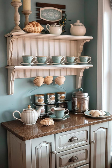 35 Beautiful Tea Station Inspirations for Any Space Tea Nook In Bedroom, Tea Nook Ideas, Antique Coffee Bar Ideas, Tea Bar Ideas Kitchen Counter, Tea Making Station, Tea Display Ideas, Tea Bar Station, Tea Station Ideas Small Spaces, Tea Station Ideas