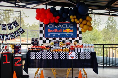 Red Bull Racing Children's Party Ideas by Boksomdaais Boutique Events Red Bull Birthday Ideas, Red Bull Racing Birthday Party, F1 Party Food Ideas, F1 Party Ideas, F1 Theme Party Birthday, Formula 1 Birthday Party Ideas, F1 Birthday Party Ideas, Formula 1 Party, F1 Birthday