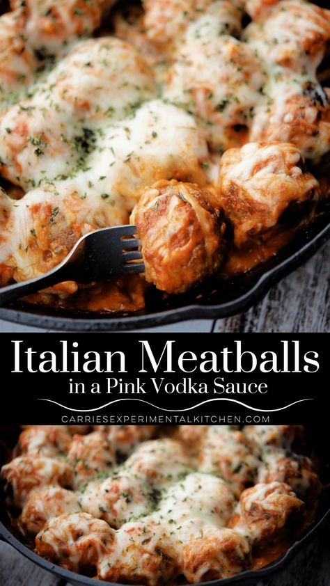 Italian Meatballs in a Vodka Sauce | Carrie’s Experimental Kitchen Pink Vodka Sauce, Cheese Meatballs, Homemade Vodka Sauce, Pink Vodka, Italian Style Meatballs, Vodka Sauce, Italian Meatballs, Meatball Recipes, Cookbook Recipes