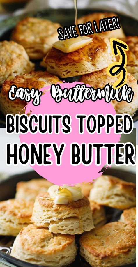 Easy Buttermilk Biscuits Topped With Honey Butter Easy Buttermilk Biscuits, Southern Biscuits Recipe, Buttermilk Biscuits Easy, Quick And Easy Sweet Treats, Southern Biscuits, Snack Mix Recipes, Mix Recipes, Buttermilk Biscuits, Honey Butter