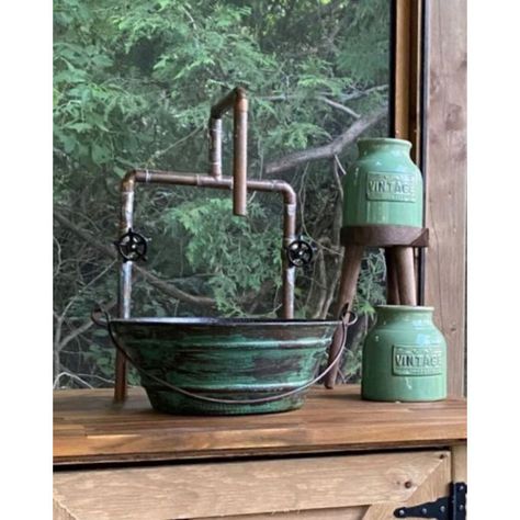 Outdoor Countertop, Bucket Sink, Copper Vessel Sinks, Copper Sinks, Green Exterior, Laundry Ideas, Wall Faucet, Copper Vessel, Vintage Bucket