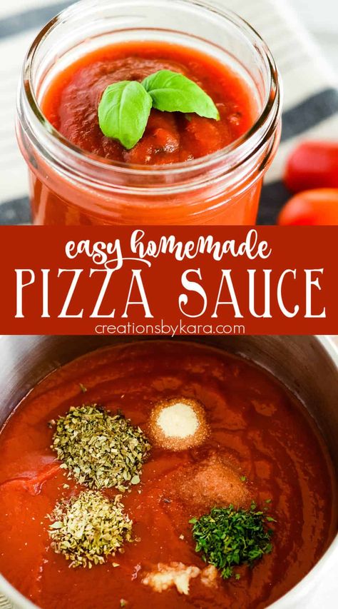 This homemade pizza sauce recipe is so easy to make, but packed with flavor! Makes enough sauce for 1 large pizza, but it is easily doubled, and freezes well. Perfect for homemade pizza and breadstick dipping! #homemadepizzasauce #pizzasaucerecipe #ketopizzasauce -from Creations by Kara Simple Pizza Sauce, Homemade Pizza Sauce Easy, Diy Pizza Sauce, Best Pizza Sauce Recipe, Easy Pizza Sauce Recipe, Pizza Sauce Easy, Easy Pizza Sauce, Pizza Sauce Recipe, Pizza Ideas