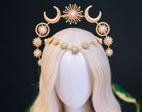 Crescent Moon Headpiece, Sun Goddess Headpiece, Greek Goddess Crown, Sun Crystal Crown, Sun Goddess Crown, Moon Halo Crown, Gold Fantasy Crown For Festival, Celestial Crown, Halo Crowns