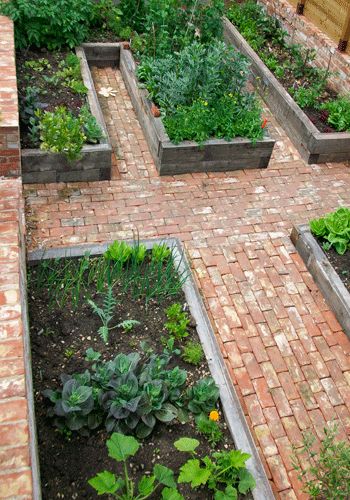 More raised beds!    I love the red bricks here. - thats a heavy duty long term garden right there.... Permaculture Farm, Raised Vegetable Gardens, Brick Garden, Potager Garden, Backyard Vegetable Gardens, Raised Garden Beds Diy, Environmental Sustainability, Garden Area, Garden Types