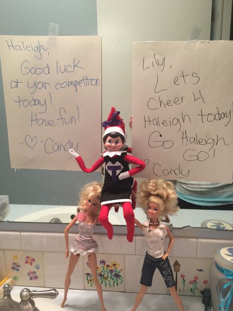 Day 10 - Candy is a cheerleader today. She is wishing Haleigh good luck at her first competition. Elf on the shelf. Good Luck Elf On The Shelf Ideas, Elf Cheerleader Ideas, Elf On The Shelf Good Luck Ideas, Elf On The Shelf Cheerleader, Elf On Shelf Cheerleader, Cheerleading Elf On The Shelf, Elf On The Shelf Gymnastics, Elf On Shelf Gymnastics, Good Candy