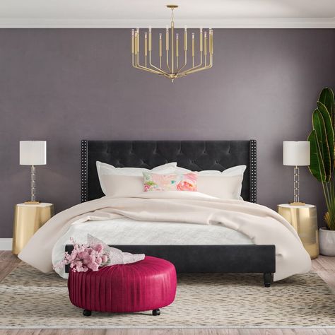 Rosdorf Park Knobel Luxe Upholstered Platform Bed & Reviews | Wayfair Black Upholstered Bed Decor, Black Velvet Headboard, Black King Bed Frame, Upholstered Bed Decor, Black Headboard Bedroom, Black Upholstered Bed, Black King Bed, Box Spring And Mattress, Headboard Bedroom