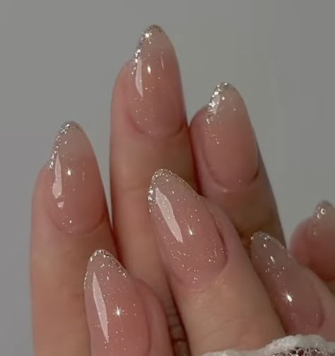 American Manicure With Sparkle, Neutral Nails Prom, Nails For Mini Prom, Homecoming Nail Ideas Almond, Homecoming Nail Ideas Simple, Simple Pink Nail Designs Almond, Shimmer Wedding Nails, Almond Nails Glitter Tip, Natural Nails Dip Powder Designs